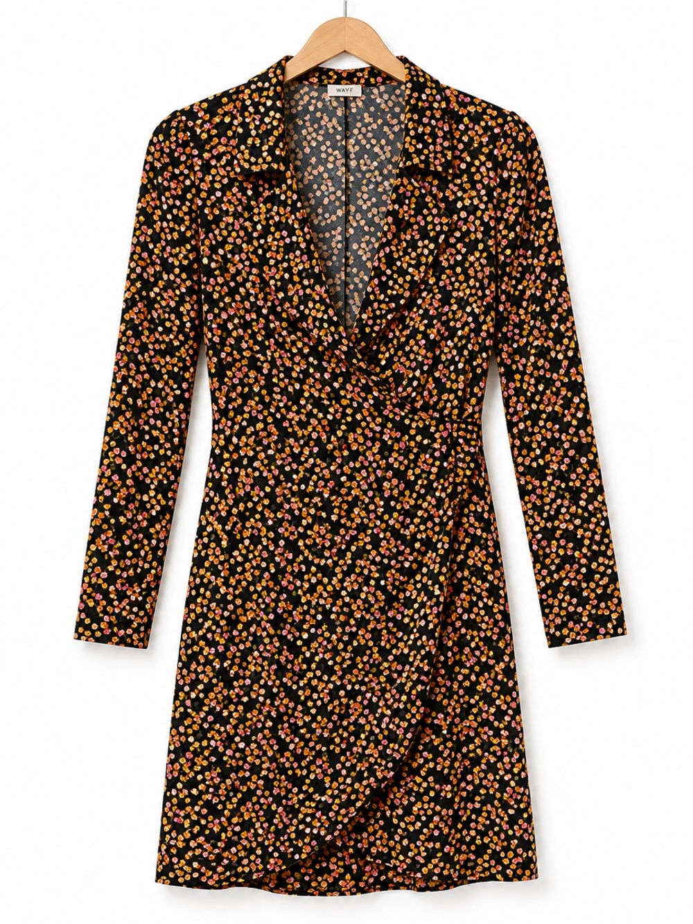 Wayf Black Floral Wrap-Style Long Sleeve Dress